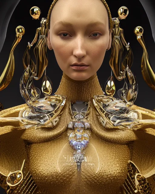 Image similar to a highly detailed metahuman 4 k close up render of an alien goddess bella hadid monument saint in iris van herpen dress schiaparelli in diamonds crystals swarovski and jewelry iridescent in style of alphonse mucha gustav klimt trending on artstation made in unreal engine 4