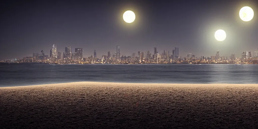 Prompt: a high detail photograph night time at a beach, cyberpunk city at night in the distance, two moons in the sky, realism, 8 k, award winning photograph