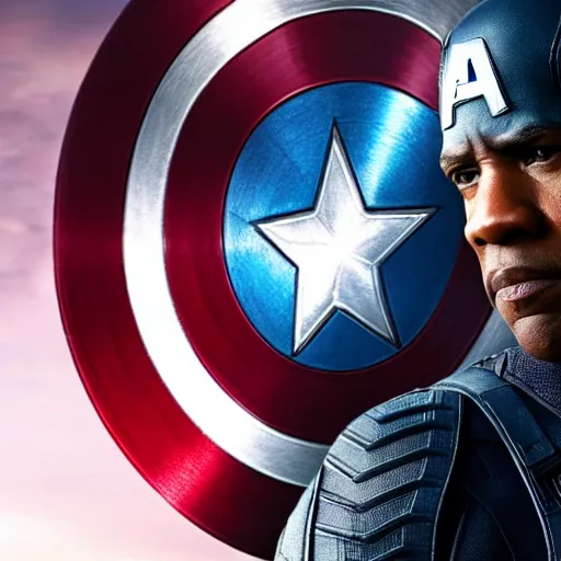 Prompt: film still of Denzel Washington as Captain America in new Captain America film, 8k photorealistic