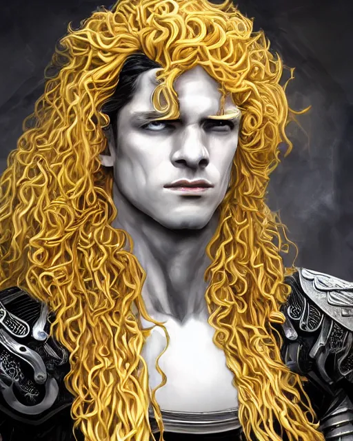 Prompt: Lucius as an androgynous albino prince in jagged black gilded obsidian armor, long fluffy golden blonde curly hair, digital painting, muscular young man, sci-fi setting, symmetrical features, Daniel Gerhartz, high detail intricate, artstation, WLOP, Artgerm, J. Scott Campbell; Olivia De Berardinis, Daniel Gerhartz, jack kirby, mysterious vibes