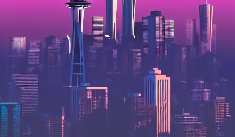 Prompt: a beautiful, sharp focus, and immaculate overcast futuristic seattle cityscape. vaporwave ombre rendering. outrun style. trending on artstation. recommended for you behance. by chris moore. by edward hopper. beeple colors. ambient occlusion. digital matte painting. metropolis filmic. gotham city.