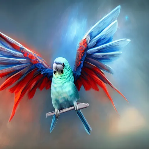 Image similar to an oil painting of a blue budgie with red dragon wings, hd, hdr, ue 5, ue 6, unreal engine 5, cinematic 4 k wallpaper, 8 k, ultra detailed, high resolution, artstation, award winning