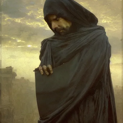 Image similar to half portait of magican wearing a closed cowl holding a big old book! chained!!! to his wrist, jeremy mann, jean leon gerome, alphonse mucha, greg rutkowski, hood covers his eyes, ( ( ruins of ancient rome ) ), at dusk, mysterious atmosphere, sunrays, dof, masterpiece, high detailed, 8 k