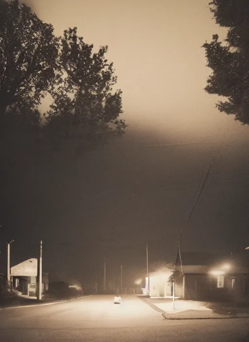 Image similar to a detailed photographic render of a 1 9 5 0 s american suburb at night by todd hido, photoreal, 4 k, mist