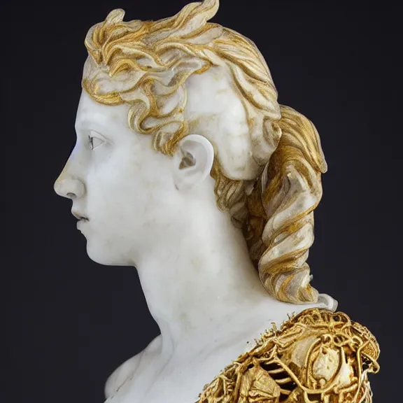 Image similar to a white art nouveau marble and gold head and torso sculpture of a worried young scarlett johansson as joan of arc with long, flowing hair, wearing intricate gold plate armor on her chest, delicate, intricate, smooth, beautiful, by charles van der stappen