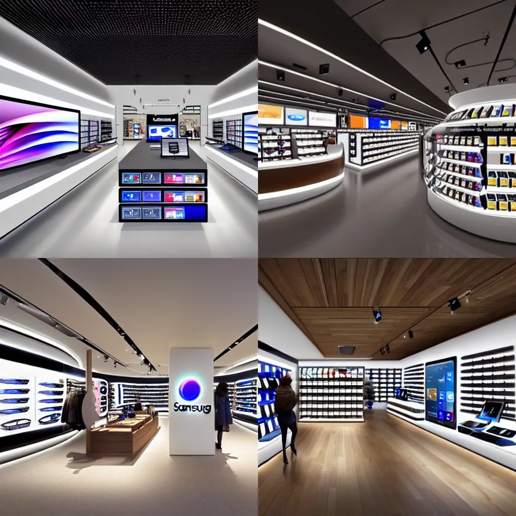 Prompt: -----2030s flagship retail interior Samsung Microsoft Apple----- by Jean-Baptiste Monge