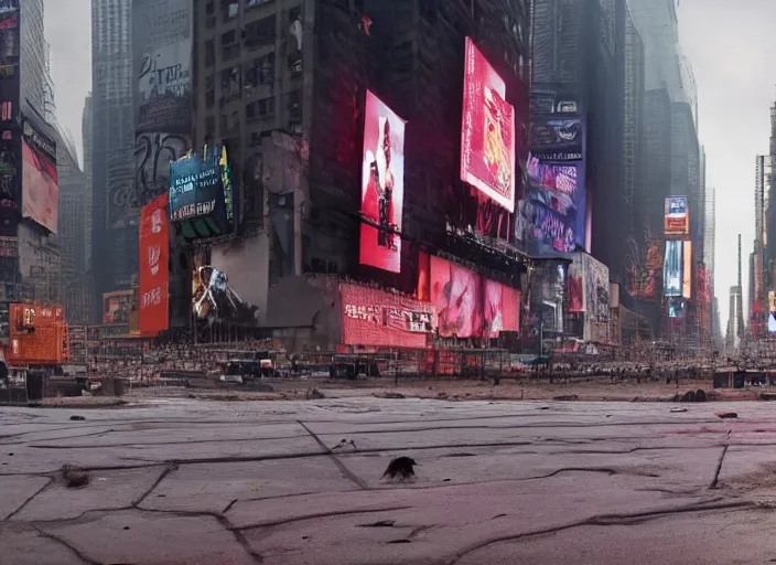 Image similar to film still of post apocalyptic empty time square at midnight, overgrown with wildlife walking through in the new sci - fi movie, 8 k