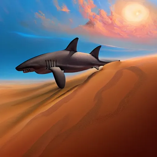 Prompt: a desert shark swimming through sand dunes, warm and cool colour palette, digital painting, intricate, highly detailed, smooth, sharp focus, artstation, art by lily abdullina and justin gerard,