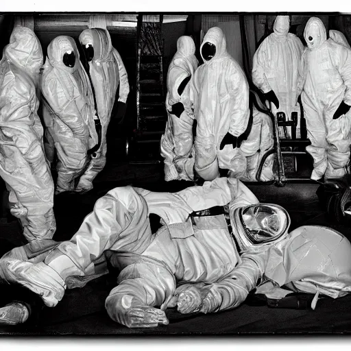 Image similar to alien on a gurney in hanger with people in hazmat suits standing around, grainy, vintage photo, sepia, old photo, realistic, detailed,