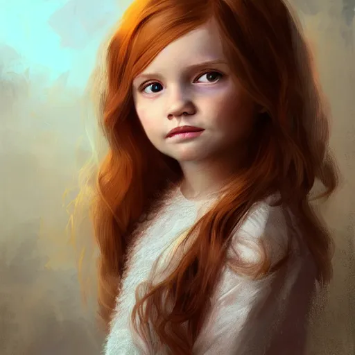 Prompt: 5 year old girl with long ginger hair and brown eyes. full subject portrait. warm atmospheric lighting. highly detailed digital painting by ross tran.