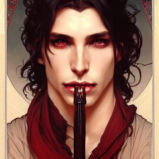 Image similar to attractive twenty first century male vampires beautiful eyes. highly detailed painting by artgerm and greg rutkowski and alphonse mucha 8 k