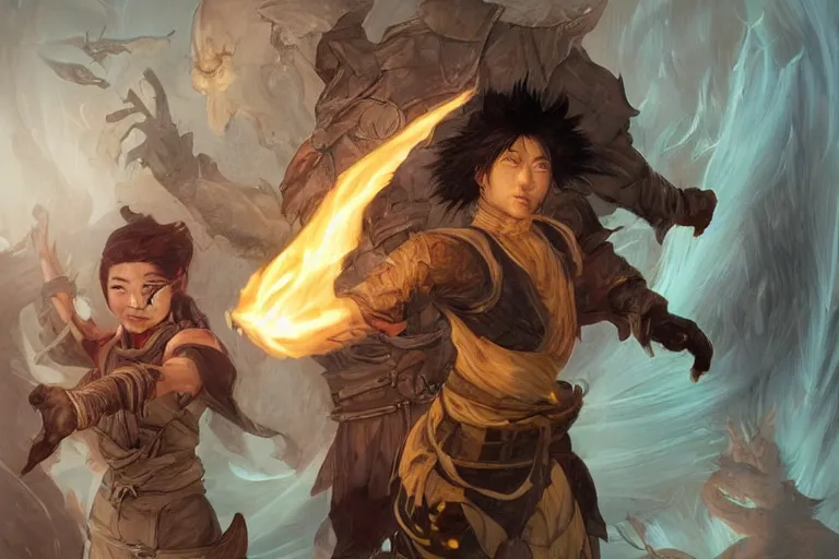 Prompt: a human male asian rogue with energy crackling from his hands, with two ethereal!!! forms next to him, one made of fire, thee other made of ice, fighting monsters, d & d, detailed, digital painting, artstation, concept art, sharp focus, illustration, cinematic lighting, art by artgerm and greg rutkowski and alphonse mucha