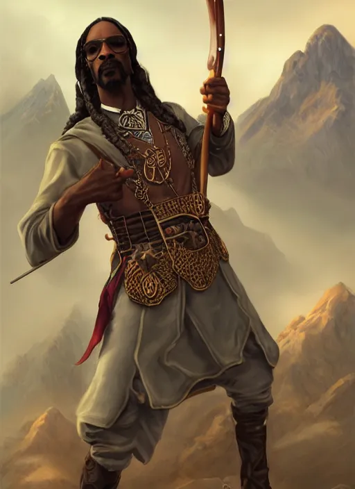 Image similar to snoop dogg as an archer, short beard, grumpy, Ivan Aivakovsky, Boris Vallejo, epic fantasy character art, D&D Concept Art, magic the gathering art, full length, ultra Realistic, Regal, Refined, Detailed Digital Art, Exquisite detail, post-processing, masterpiece, Cinematic Lighting, Unreal Engine, 8k, HD