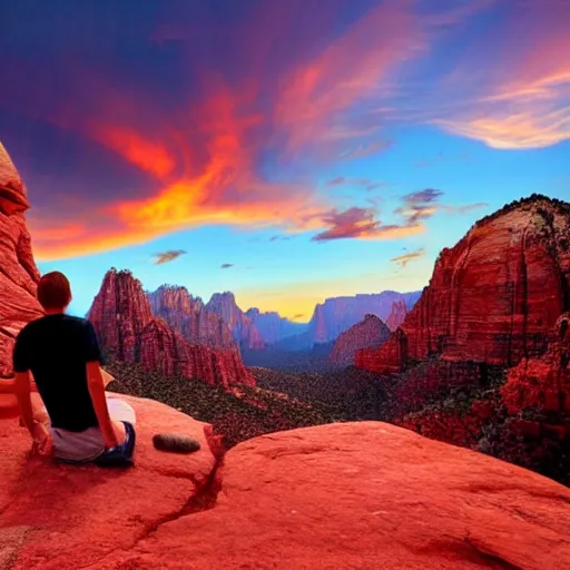 Image similar to award winning cinematic still of teenager boy praying in zion national park, rock formations, colorful sunset, epic, cinematic lighting, dramatic angle, heartwarming drama directed by Steven Spielberg, highly detailed concept art, wallpaper