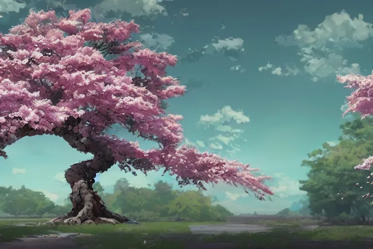 Image similar to highly detailed concept art of a sakura plum tree made with water, overgrowth, Artgerm, Studio Ghibli, Makoto Shinkai