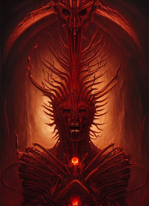 Prompt: masterpiece, his infernal majesty concept art, stylized, elden ring, elegant, imperial, epic, art by h. r. giger, darius zawadzki, josan gonzalez, alexey egorov, biomechanical, crimson darkness, hellscape