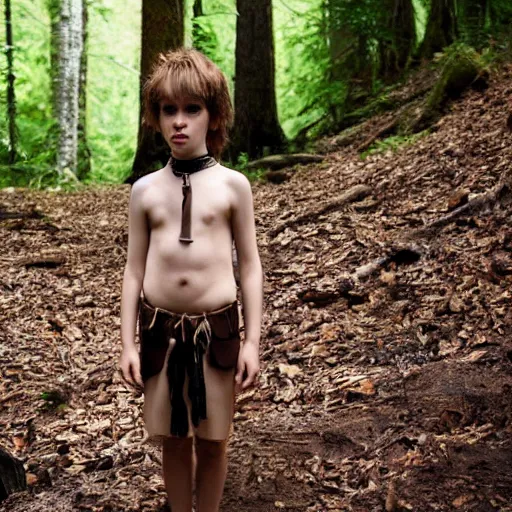 Image similar to a boy, around 2 6 yo. choker necklace. natural brown hair. loincloth, pale skin. detailed face. ominous and eerie looking forest in background. natural colors. hyperrealistic photo.