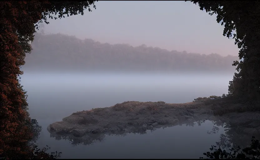 Image similar to a strange lake directed by charlie kaufman ( 2 0 0 1 ) anamorphic lenses, foggy volumetric light morning, cinematic trending on artstation in the style of greg rutkowski