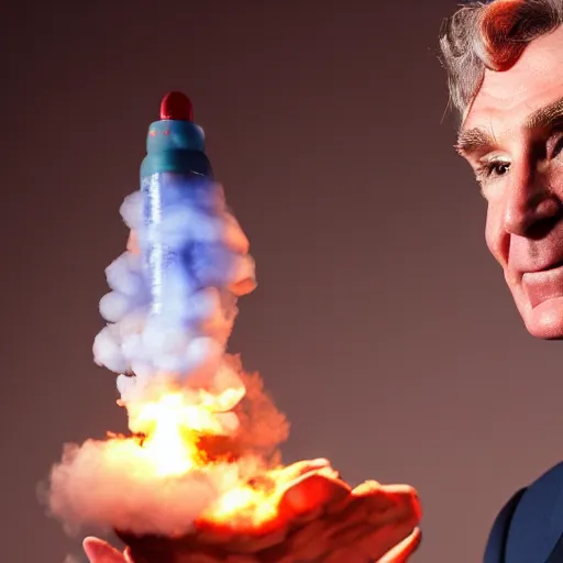 Prompt: bill nye the science guy launching a nuclear bomb, looking enlightened, 4k, photography, detailed, detailed face, sharp, cinematic lighting