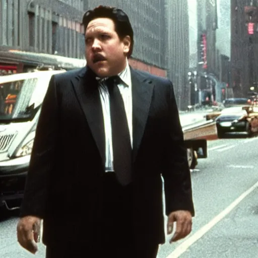 Prompt: clean-shaven Jon Favreau as Happy Hogan wearing a black suit and black necktie fighting a bus in the streets of New York city, cinematic, 33mm film still