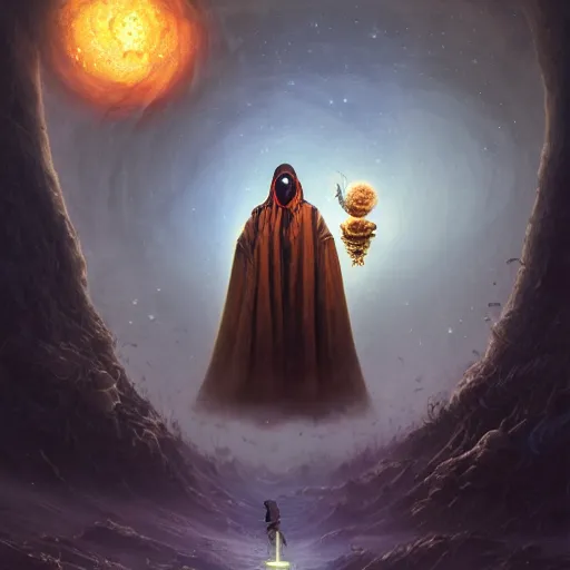 Image similar to masked nomad male wearing a cloak on an alien world and holding a holographic planet projection in his hand, detailed, sci - fi, digital painting, artstation, sharp focus, illustration, ominous, artgerm, tomasz alen kopera, peter mohrbacher, donato giancola, joseph christian leyendecker, wlop, frank frazetta