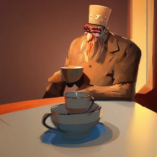 Image similar to a king drinking a cup of tea by alex andreev, trending on artstation, 8 k, highly detailed, digital painting,