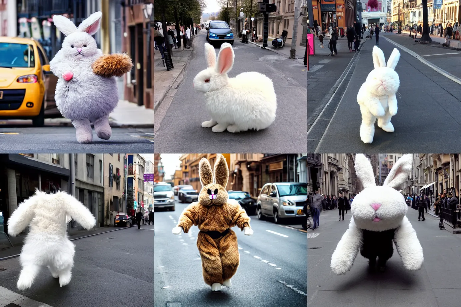 Prompt: a giant super furry bunny walking in the street