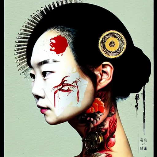 Image similar to portrait of chinese woman :: side profile :: in ocean :: clockwork details :: gold :: blood and horror :: by vikings and Sandra Chevrier