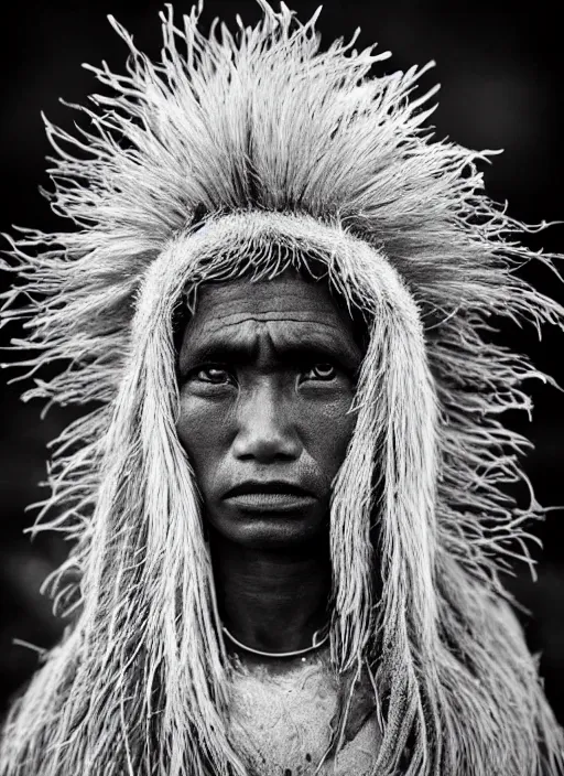 Image similar to Award winning Editorial photo of a Native Kiribati with incredible hair and beautiful hyper-detailed eyes wearing traditional garb with a Bokikokiko by Lee Jeffries, 85mm ND 5, perfect lighting, gelatin silver process