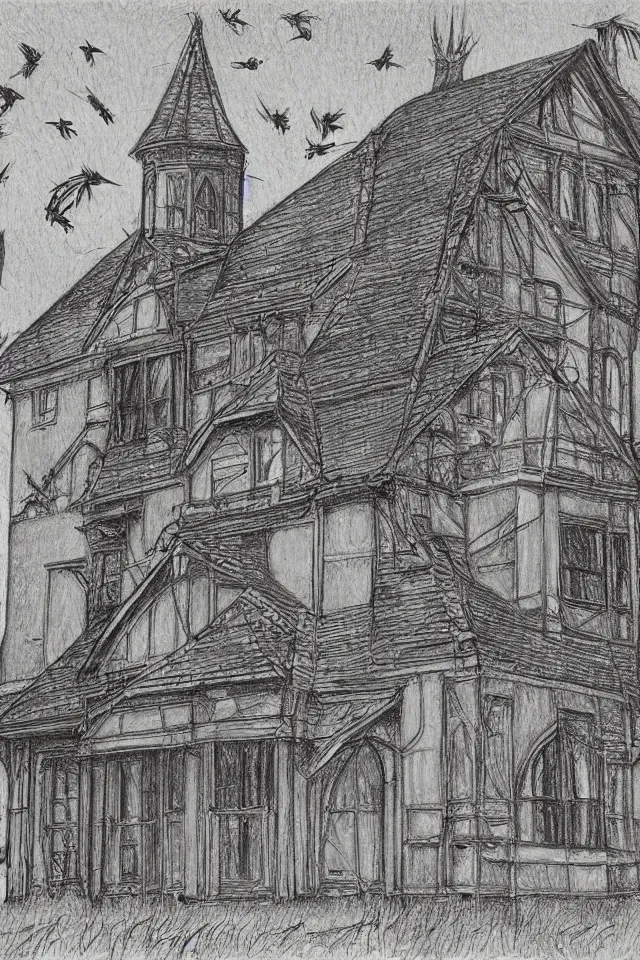 Prompt: Victorian villa with crooked chimney is surrounded by crows, Colored pencil drawing