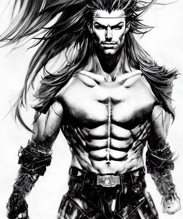 Image similar to ship captain man with sharp features, stunning eyes, and long silver hair that spikes upward in two large prongs, lean muscular build, collaborative artwork by greg ruthowski, yoshikata amano, yoji shinkawa!!, artstation, highly detailed, clear face