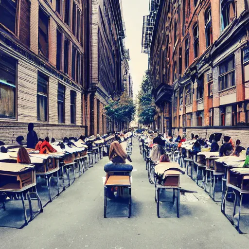 Image similar to people sitting in rows of school desks in the middle of a city street, first person view from back row, dreamy atmosphere, high quality digital art