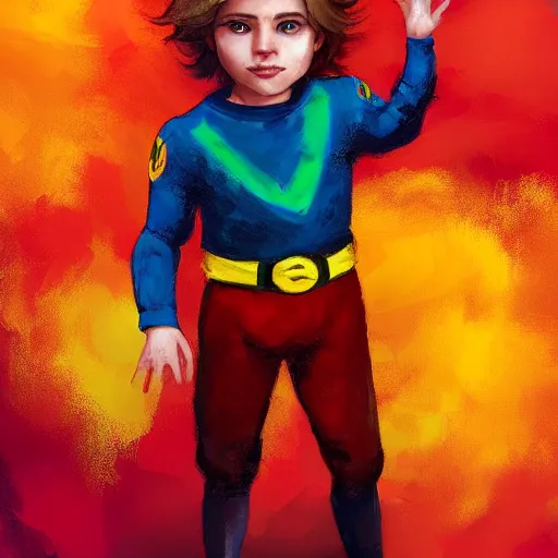 Image similar to colorful and festive captivating young child boy, brown fluffy hair, wearing red and yellow hero suit, doing the peace symbol with his hand. full body, rich vivid colors, ambient lighting, dynamic lighting, 4 k, atmospheric lighting, painted, intricate, highly detailed by charlie bowater