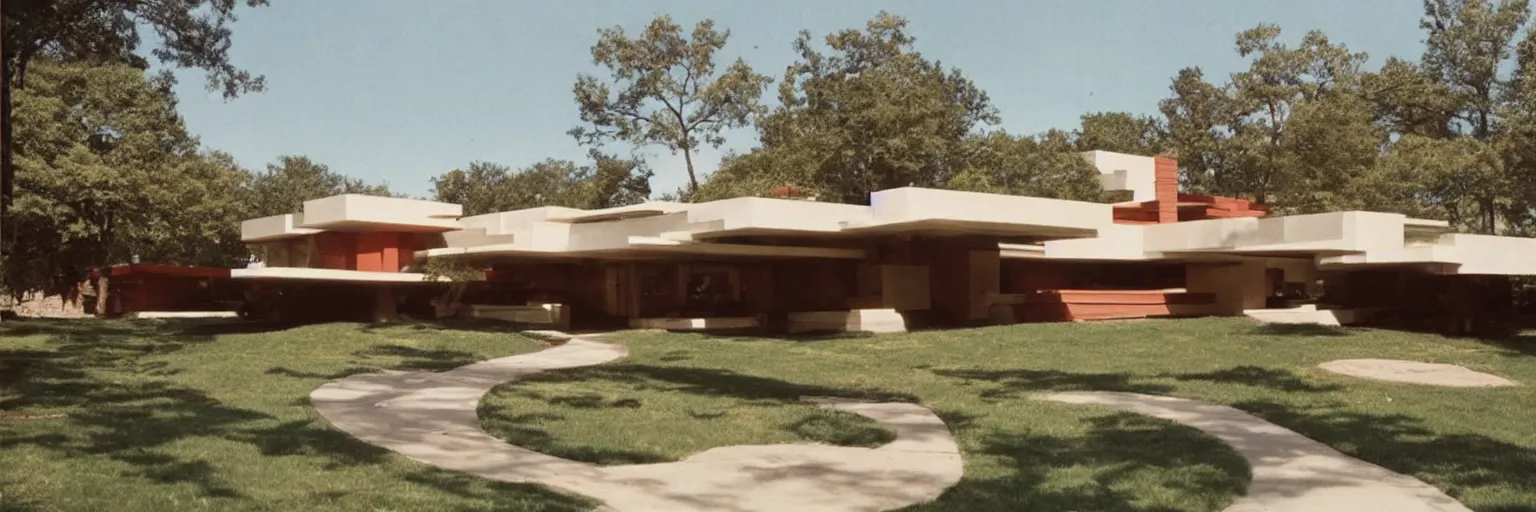 Image similar to midcentury architecture. modernism. wide shot. imagined by frank lloyd wright, photorealistic