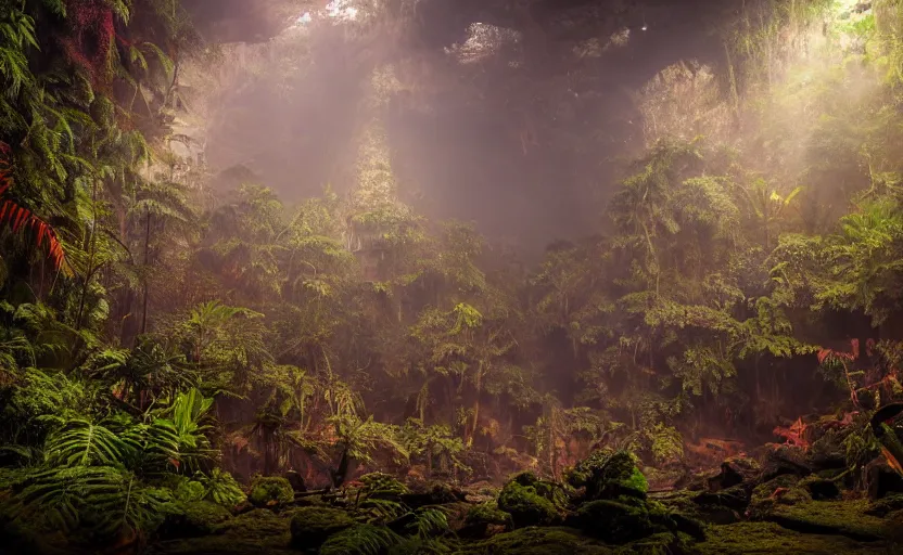 Image similar to a beautiful render of a dark prehistoric rainforest in a humongous cave, lush flora, patches of yellowish - red - magenta sky, sunset lighting, military industrial complex, intricate detail, hazy, humid, volumetric lighting, god rays, 8 k, photorealistic, raytracing effects, unreal engine 5