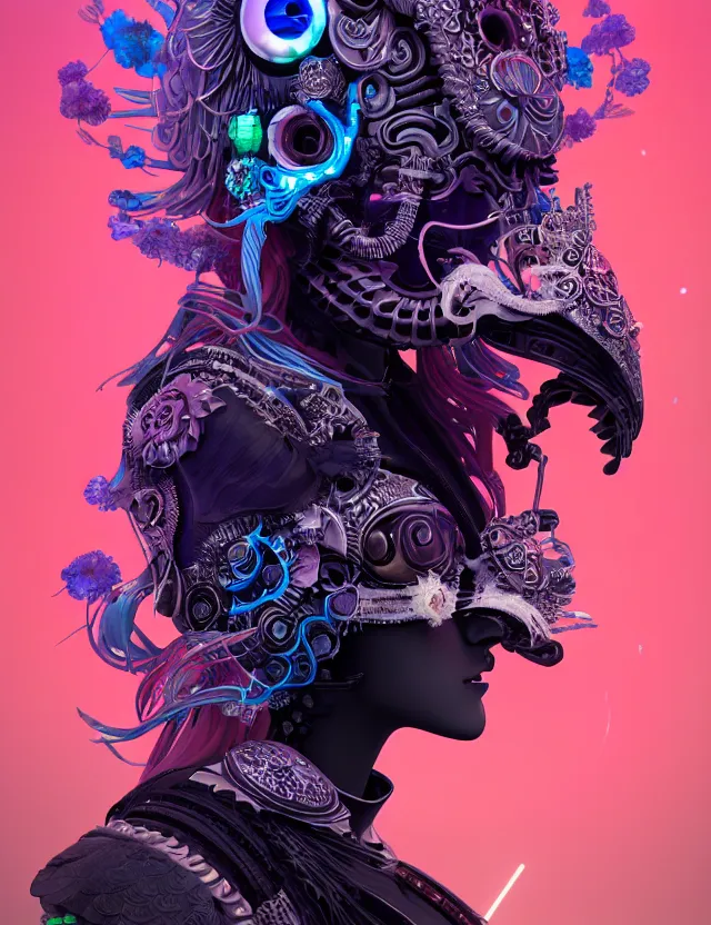 Image similar to 3 d goddess close - up profile portrait cyberpunk with ram skull. beautiful intricately detailed japanese crow kitsune mask and clasical japanese kimono. betta fish, jellyfish phoenix, bio luminescent, plasma, ice, water, wind, creature, artwork by tooth wu and wlop and beeple and greg rutkowski