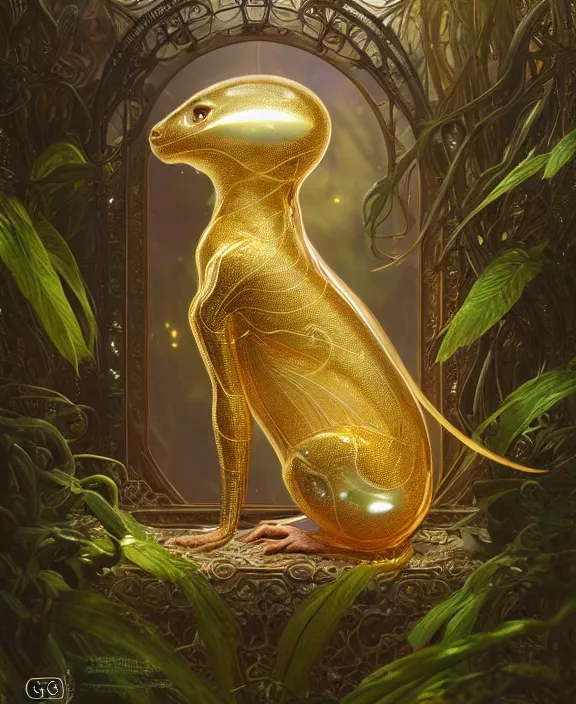 Image similar to intricate ornate opulent transparent clear see - through golden portrait of a beautiful male alien rat, mottled coloring, adorable, childlike, overgrown jungle environment, ultra realistic, concept art, art nouveau, photorealistic, octane render, 8 k, unreal engine. art by christopher marley and artgerm and greg rutkowski and alphonse mucha