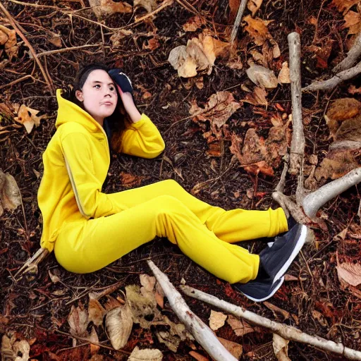 Image similar to young female wearing a yellow velor sweat suit lying dead on the ground in a forest covered by dark colored leaves and twigs