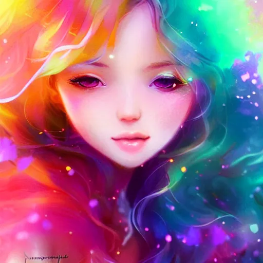 Prompt: lively and lovely girls, angelic face, colorful and flowing hair, colorful eyes, smiling innocently and cutely, colorful light effects, clean and fresh, ethereal, macro, uplight, lush, radiant, detailed, fantasy style, by ross tran, kazuki tanahashi
