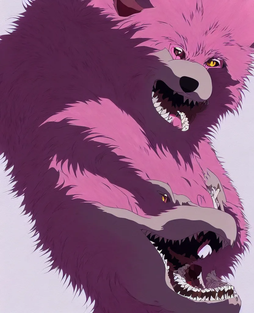 Image similar to beautiful painting from the anime film by studio ghibli, pink anthropomorphic werewolf human hybrid, drooling teeth bared, fur, trending on artstation,
