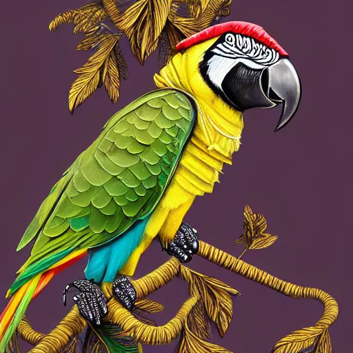 Prompt: parrots wearing golden rings and necklaces, with rap cap on head, rapping and sitting on golden trees, rap scene, musical concert concept art, trending on artstation, highly detailed, digital art, 8 k