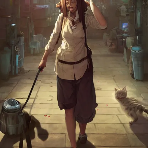 Prompt: character concept art of a haggard crazy cat lady, key visual, realistic shaded perfect face, fine details, dystopian environment and background, by stanley artgerm lau, wlop, rossdraws, james jean, andrei riabovitchev, marc simonetti, and sakimichan, trending on artstation in disco elysium