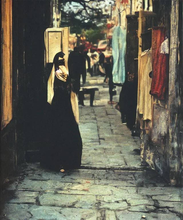 Prompt: a color photograph of persian young woman in the streets, by nan goldin, out of place, intense, bold, exaggerated, over proportion, painted over by andrew wyeth, hyperrealistic, ultra sharp, extra details, ultra high quality,