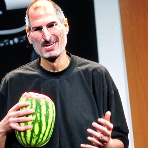 Image similar to steve jobs presenting a watermelon with a propeller