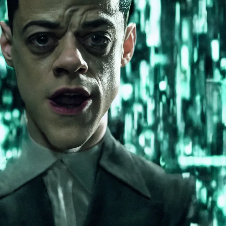 Image similar to rami malek as the riddler, movie still, 8 k, hdr, atmospheric lighting