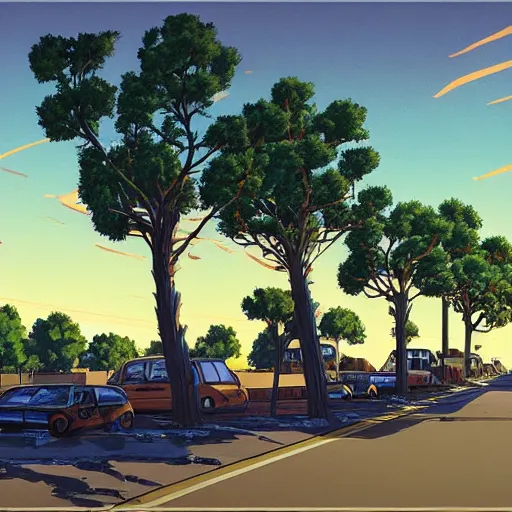 Image similar to neighborhood street, uptown street, golden hour, golden sunshine, trees over road, shining sun in distance, trees, juniper trees, oak trees, cars parked in street, long street, distance, cel - shaded, raytracing, cel - shading, toon - shading, 2 0 0 1 anime, flcl, jet set radio future, drawn by artgerm