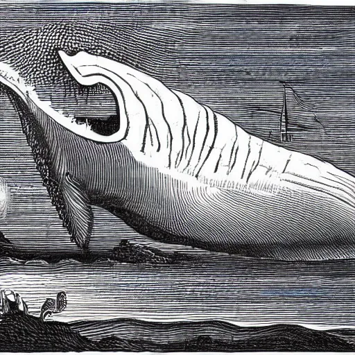 Prompt: blue whale eating the world, engraving from 1700s