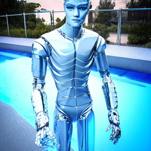 Prompt: made of ice, a realistic detailed photo of a guy who is an attractive humanoid who is half robot and half humanoid, who is a male android, on display, blank stare, showing off his muscles, shiny skin, posing like a statue, by the pool, frozen ice statue, twitch streamer / gamer ludwig, humanoid robot