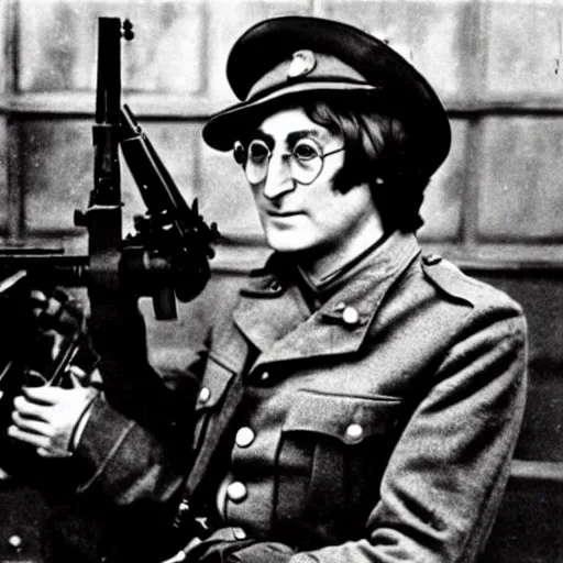 Image similar to old wartime photograph of john lennon holding a lewis gun, 1 9 1 7