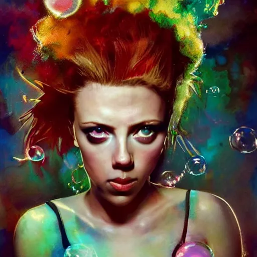 Image similar to drunken scarlett johansson as delirium from sandman, one green eye and one blue eye, hallucinating colorful soap bubbles, by jeremy mann, by sandra chevrier, by dave mckean and richard avedon and maciej kuciara, 1 9 8 0's, punk rock, tank girl, high detailed, 8 k